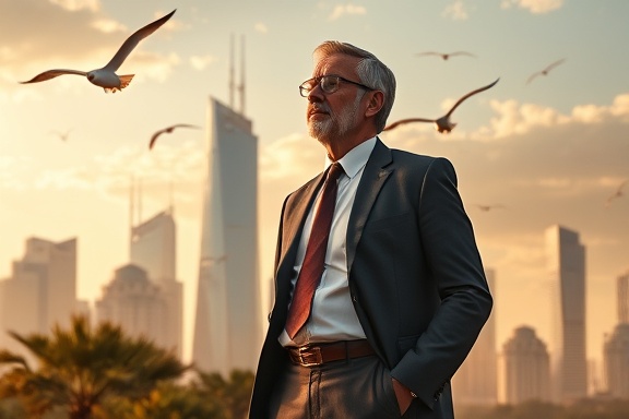 visionary authority icon, inspirational, standing confidently, photorealistic, in front of a futuristic city skyline, highly detailed, birds soaring and trees swaying, ultra-HD, golden hue, sunset lighting, shot with a 70mm camera lens.