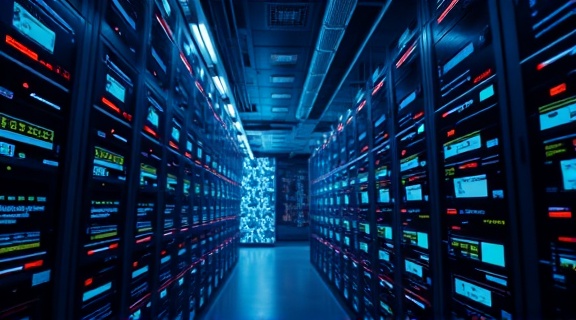 strategic hub network, interconnected, visualizing data streams, photorealistic, digital server room with glowing monitors, highly detailed, data lines and flashing lights, 4k resolution, cool tones, diffused ambient lighting, shot with a 35mm camera lens.