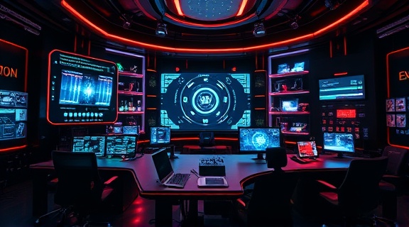 futuristic reputation branding, visionary, using holographic interface, photorealistic, high-tech control center, highly detailed, holograms and digital screens, hyper-real quality, neon colors, low-light environment, shot with a long-focus lens.