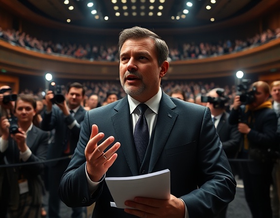 influential authority leader, charismatic, addressing media, photorealistic, grand conference hall filled with journalists, highly detailed, flashing cameras and rustling papers, 8k resolution, dark charcoal suit, key lighting, shot with a 24mm wide-angle lens.
