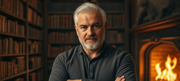 respected authority icon, determined, posing for a portrait, photorealistic, library with ancient books and a fireplace, highly detailed, swirling dust particles and flickering flames, ultra-HD, sepia tone, warm lighting, shot with a 50mm camera lens.