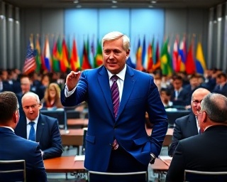 forward-thinking authority leader, hopeful, leading a forum, photorealistic, international summit with flags and delegates, highly detailed, bustling activity and varied attire, 16k resolution, royal blue suit, softbox lighting, shot with a 24mm lens.