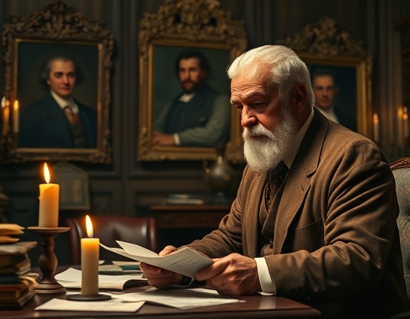 iconic authority icon, wise, discussing strategies, photorealistic, historical office with portraits and antique decor, highly detailed, candle flickers and rustling papers, high-resolution, classic brown tones, chiaroscuro lighting, shot with a 85mm lens.