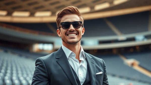 Man smiling in suit and sunglasses at sports stadium.