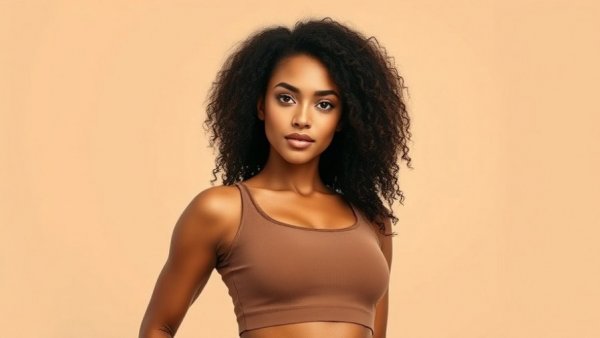 Mommy Makeover Results: Graceful pose in brown sportswear.