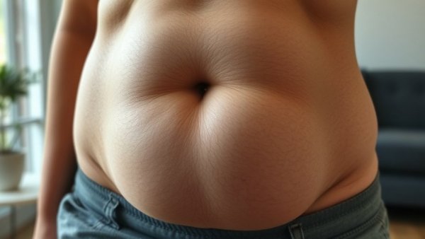 Excess skin after weight loss shown in detailed abdomen close-up.
