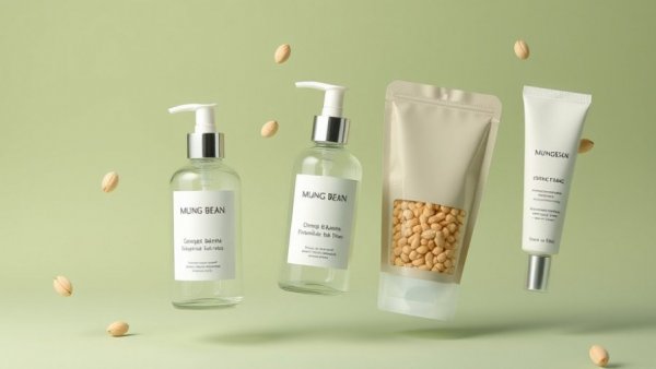 Mung bean skincare product assortment on pale green.