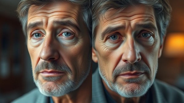 Comparison of a man's face at ages 29 and 50, visible changes over time.