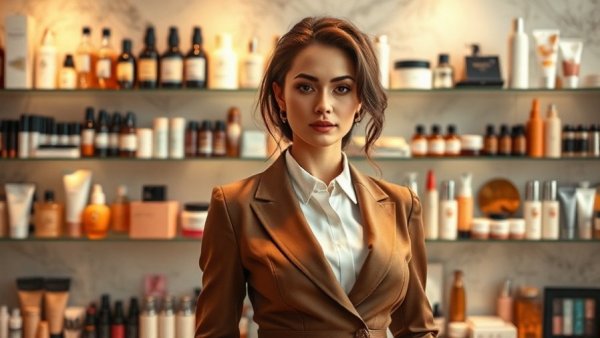 Ali Larter with beauty products backdrop in stylish outfit.