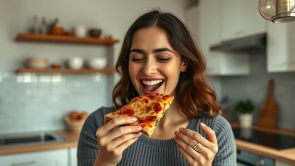 Woman enjoying pizza in a modern kitchen, habits to quit before starting a GLP-1.