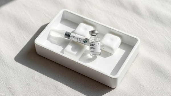 Minimalistic setup with GLP-1 pen and vial for dosing comparison.