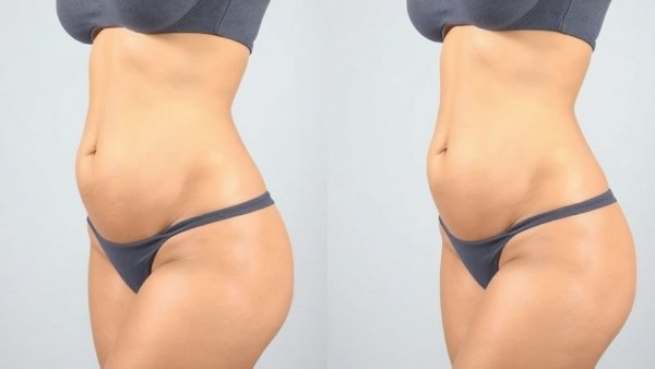 Before and after results of tummy tuck surgery, highlighting transformation.