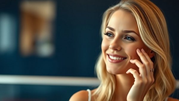 Content woman illustrating collagen benefits while on GLP-1 indoors.