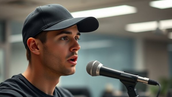 Young man speaking in an indoor office environment.