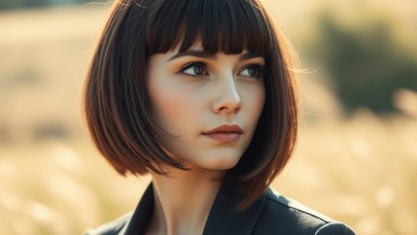 Chic bob haircut for thin hair in a sunlit field setting.