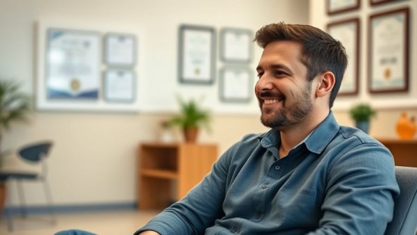 Man discussing hair transplant post-op experience in clinic setting.