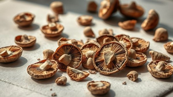 Detailed reishi mushrooms on a light surface, shadows, texture.