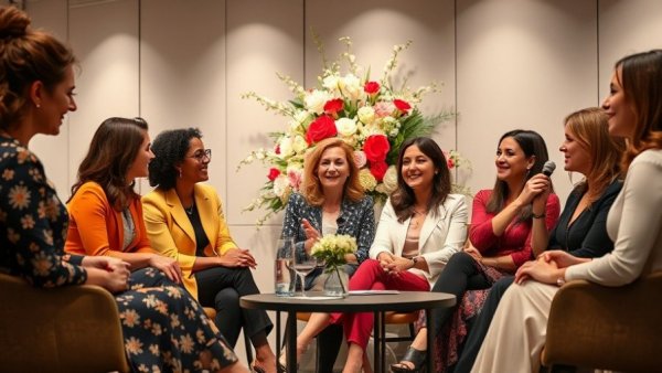 Panel on women empowerment in fashion with diverse participants and floral decor.