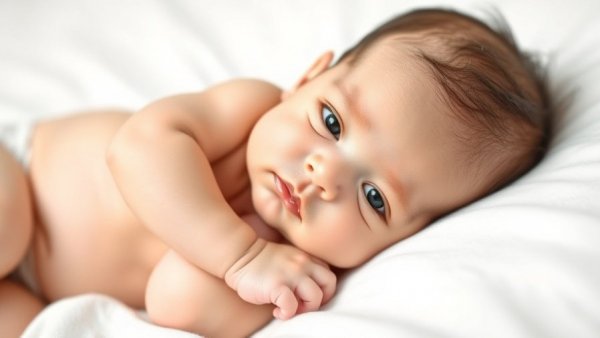 Curious newborn baby on white blanket, soft natural lighting.