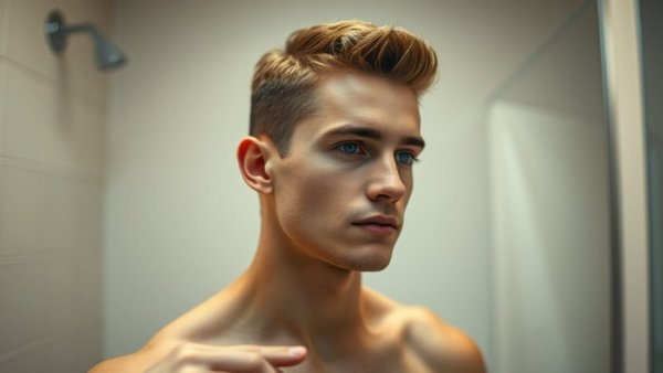 Young male hair transplant transformation in bathroom with shorter hair.