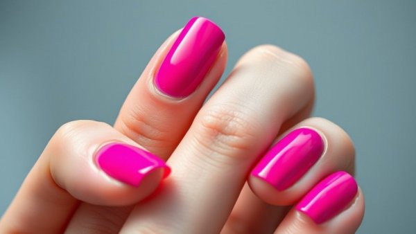 Glossy hot pink nails close-up with natural lighting.