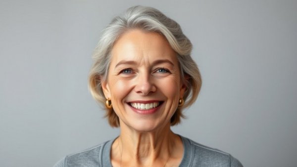 Smiling middle-aged woman with bright expression, endoscopic brow lift context.