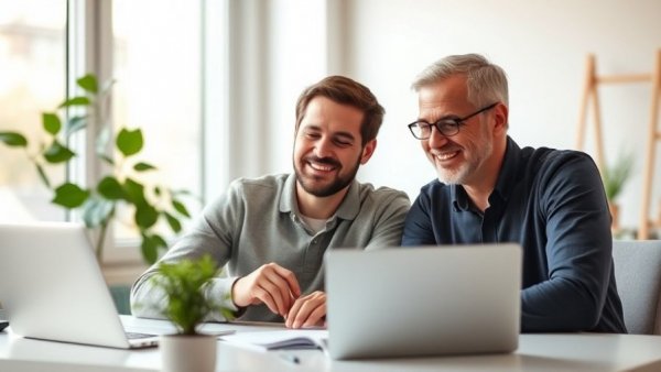 Father and son discussing homework in a modern home office.