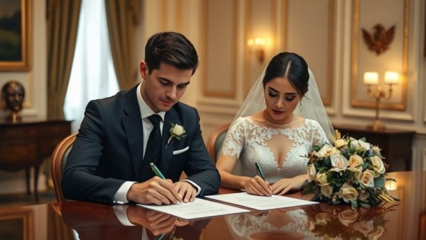 Couple signing prenuptial agreement, elegant setting