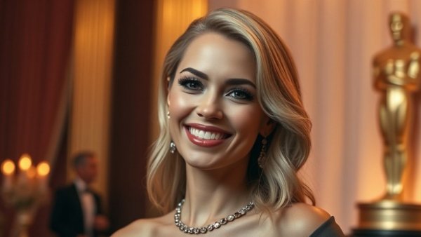 Elegant woman with blonde hair and dazzling smile at Oscars.