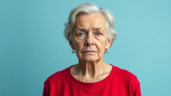 Older woman in red shirt discusses cosmetic surgery risks.