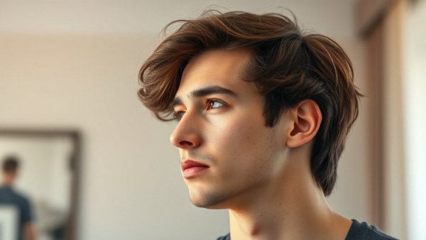 Contemplative young man evaluating hair for transplant indoors.