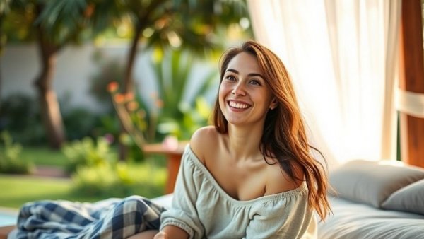 Cheerful woman sitting outdoors in a garden, smiling warmly.