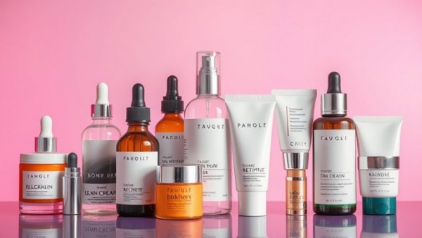 Assorted strong over-the-counter retinol creams on pastel background.