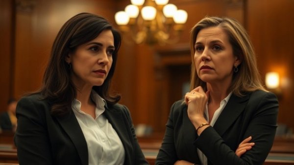 Two women in a courtroom discussing family law.