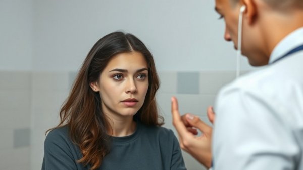 Concerned woman discussing perioral dermatitis with a doctor.