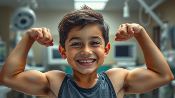 Young boy with neurofibromatosis smiling confidently in hospital.
