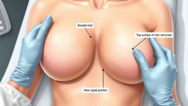 Illustration showing breast lift surgery techniques with labeled areas.