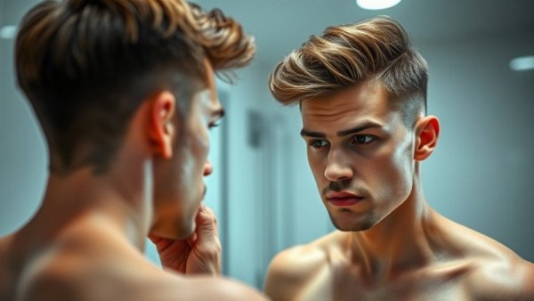 Young man trying to regrow hair, examining in bathroom mirror.