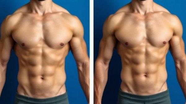 Pec Implant Recovery Timeline: Before and after male torso comparison.