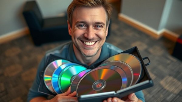 Man holding colorful CD case, smiling indoors, vibrant scene.