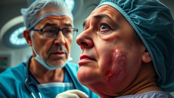 Cosmetic surgery risks: doctor reacting to severe facial swelling.