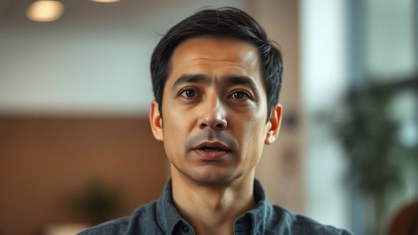 Person calmly discussing a topic with a visible microphone.