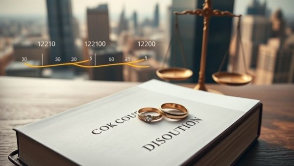 Divorce Timeline in Illinois: Graphic with scales, book, rings, and Chicago skyline.