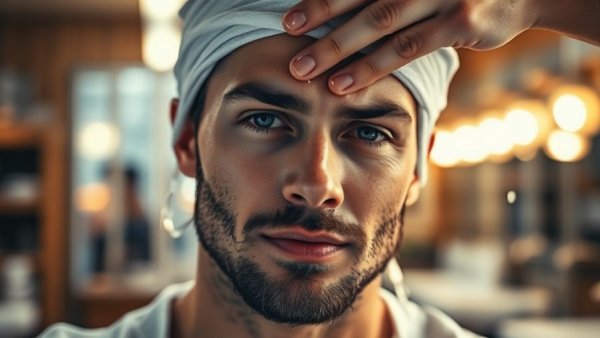 Close-up of a man washing hair after transplant in salon.