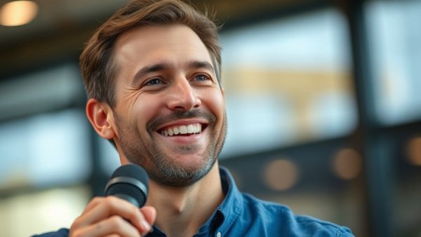 Smiling man discussing supplements, photorealistic image.