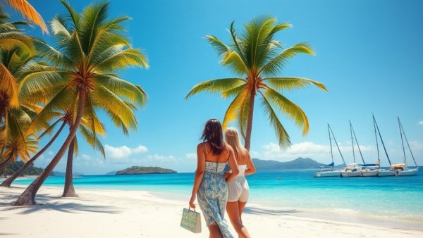 Two women walk on a tropical beach with boats and palm trees.