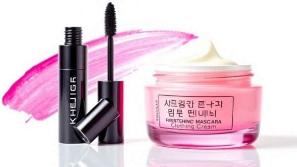 Emerging K-Beauty products with mascara and cream on white background