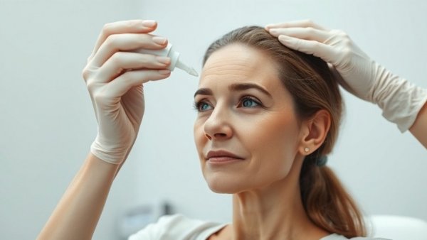 Middle-aged woman treating hair loss from menopause with topical solution.