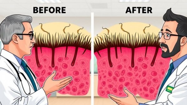 Illustration of hair growth results with an animated expert in a bright office.