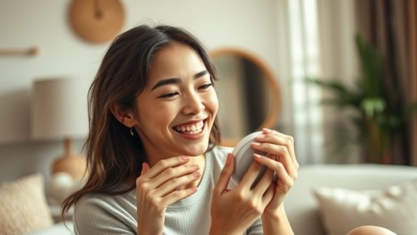 Young woman winking, applying cushion sunscreen indoors.